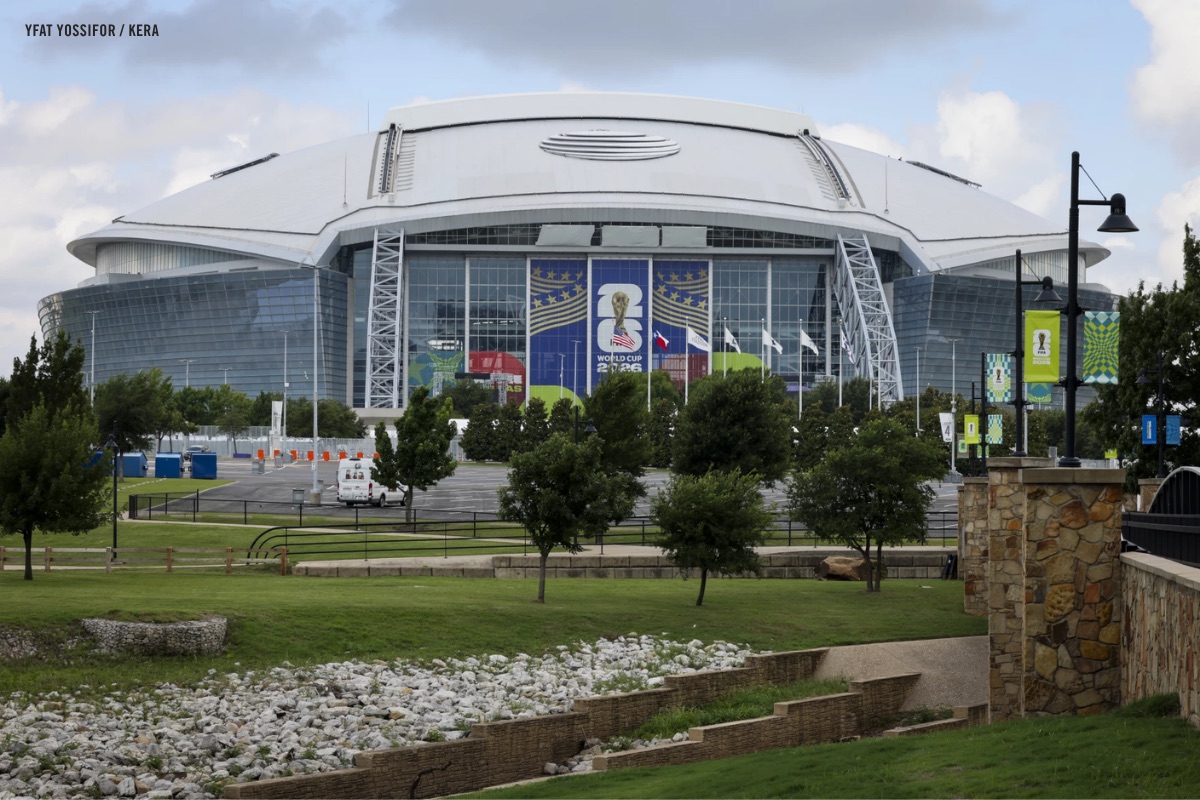 AT&T Stadium in Arlington, Texas, with World Cup banners