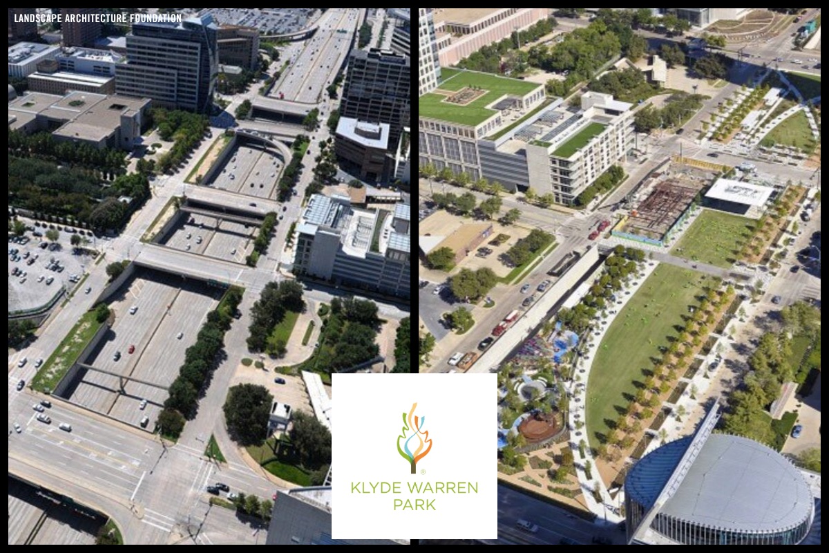 Side-by-side aerial views of the downtown Dallas freeway before and after Klyde Warren Park was built over it