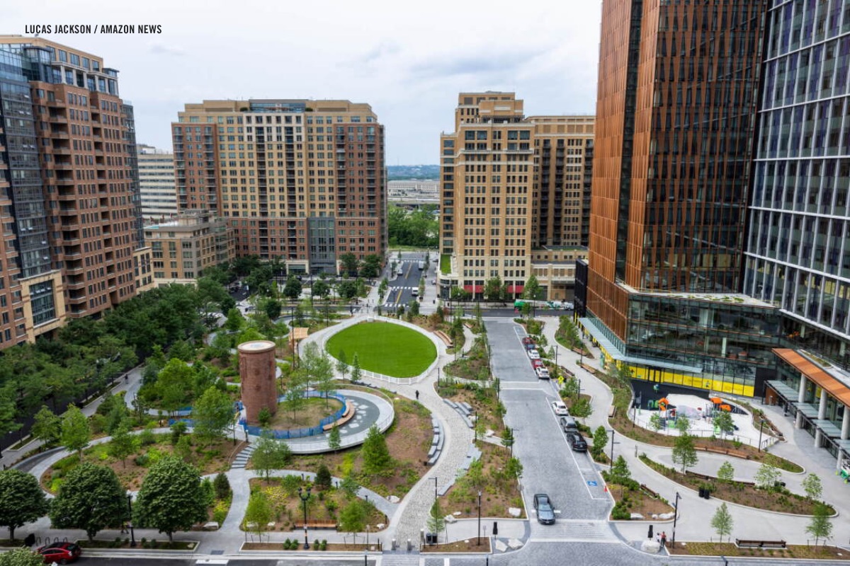 Amazon’s headquarters campus in Northern Virginia, with a central green surrounded by office towers