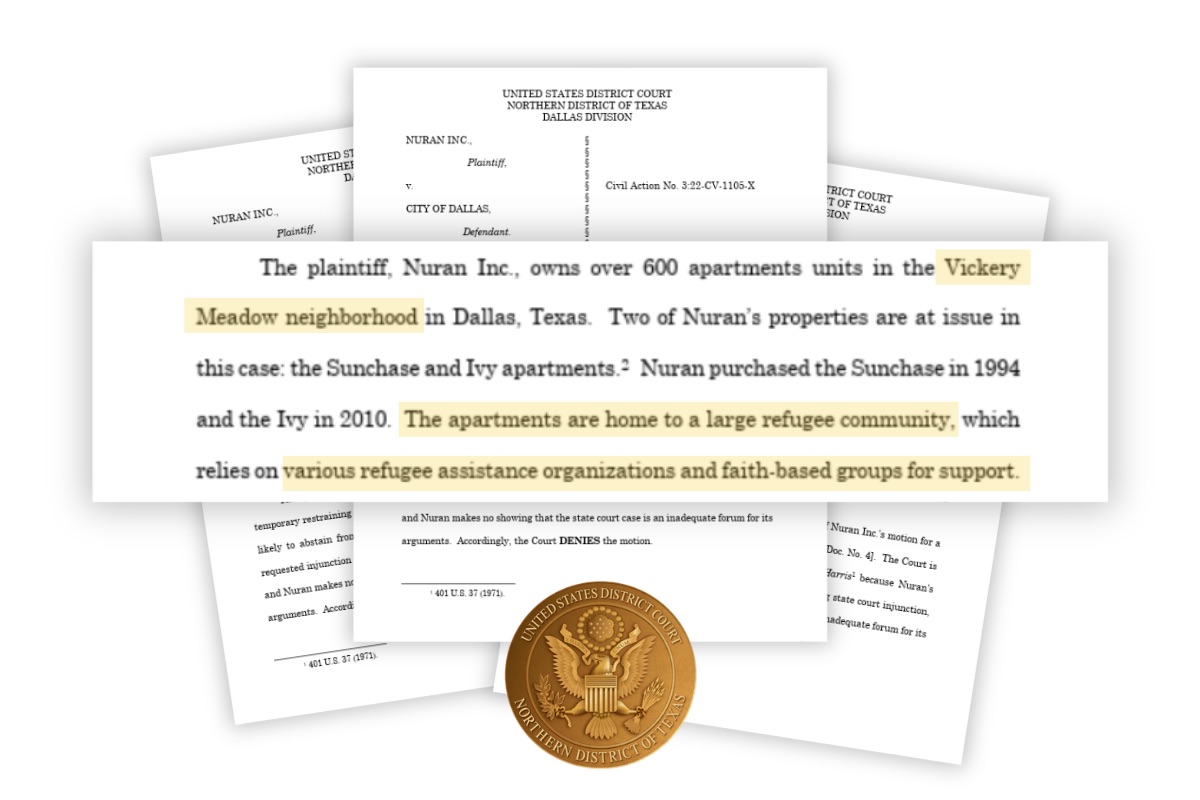 Excerpt from a U.S. District Court filing in Nuran, Inc. v. City of Dallas describing the Sunchase and Ivy apartments in the Vickery Meadow neighborhood